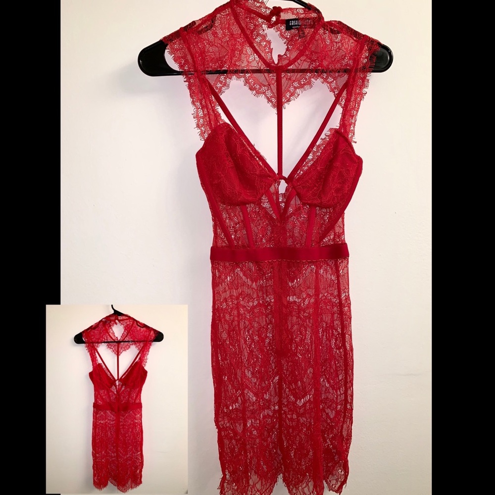 Mini Red Lace dress from Fashion Nova.
